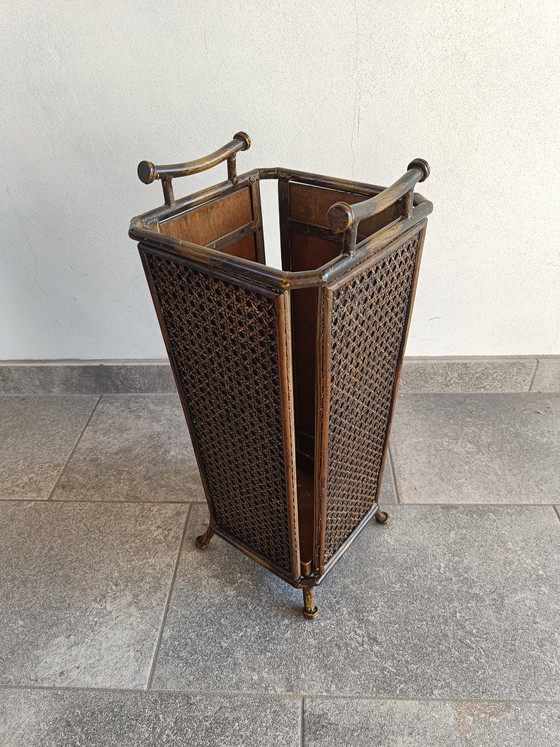 Image 1 of Vintage Style Umbrella Stand, Metal Frame with Vienna Straw Panels, 1980s