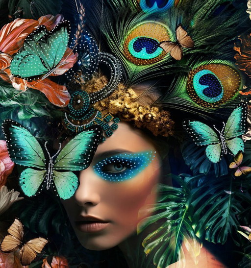 Visage de femme orné de fleurs, de papillons et de plumes de paon
