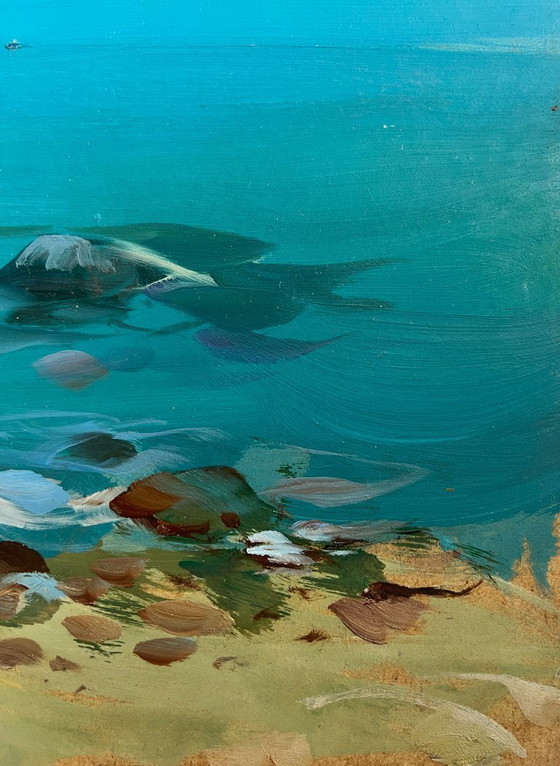 Image 1 of Pintura al óleo original: Paisaje costero marino a través de la inmensidad del mar.