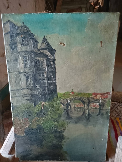 Antiguo óleo sobre lienzo Chateau d'Espalion firmado 