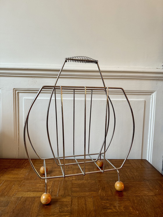 Image 1 of Wooden and metal magazine rack with twisted handle, 1960s/70s