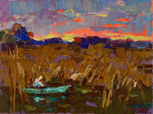 Dipinto ad olio originale, paesaggio al tramonto autunnale, sera sul fiume.