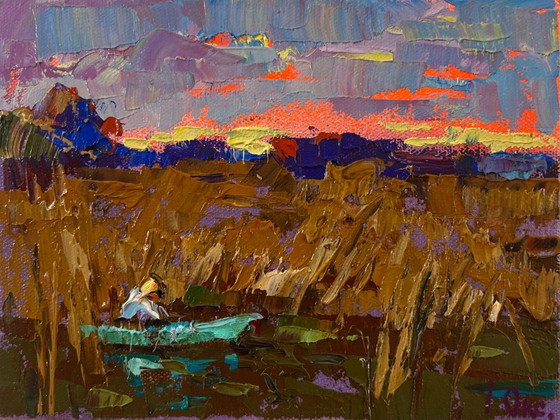 Image 1 of Original Oil Painting Autumn Sunset Landscape Evening on the River
