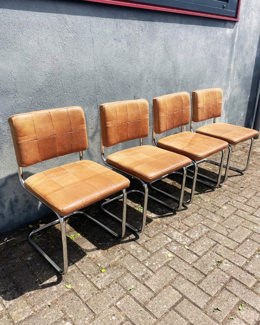 Brown leather tube frame chairs (4 pieces)