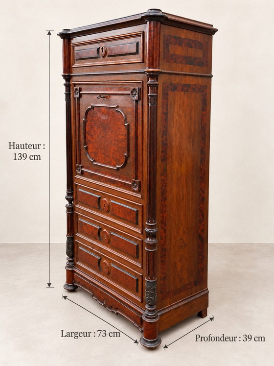 Secretaire con ribalta Napoleone III del XIX secolo in noce e acero, Cassettiere, Legno, Marrone (foto 3 di 11)