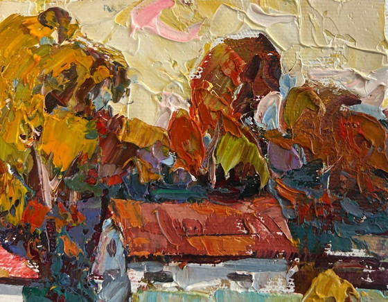 Image 1 of Original Oil Painting Autumn Village Landscape Autumn yellow sunset