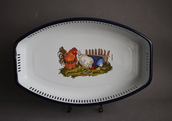 Image 1 of Münder Email Emaille Motiv Hahn und Huhn Brotschale Schale Brotkorb