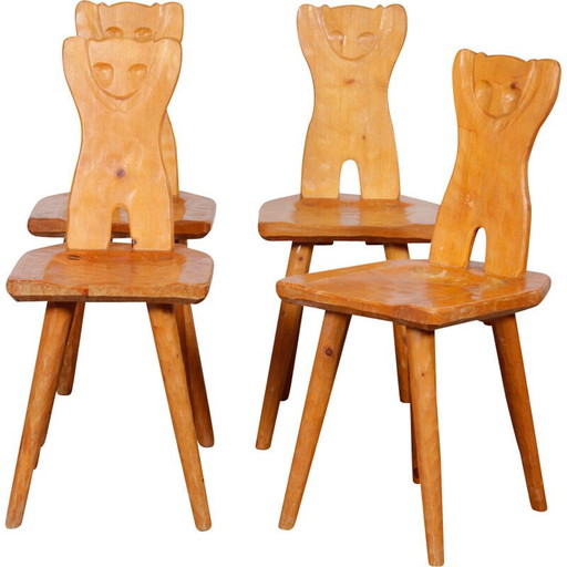 Set of 4 vintage wooden chairs with zoomorphic backs, 1960