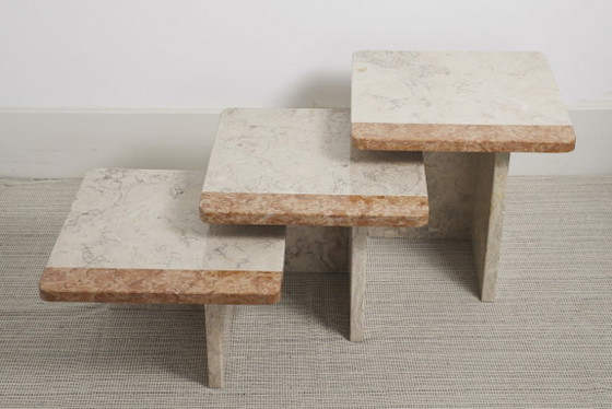 Image 1 of  Vintage Marble Nesting Tables Set of 3, Square Side Tables, Postmodern Solid Fossil Marble Stone Coffee Tables, Modern Accent F