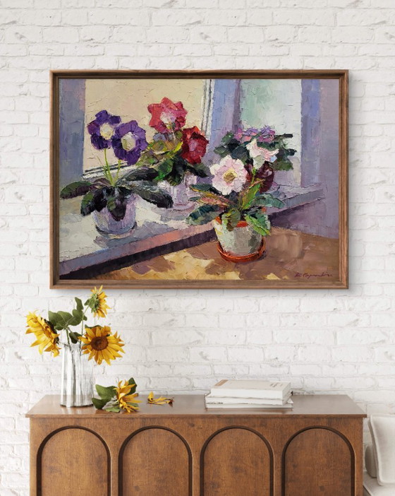 Original Oil Painting Floral Still Life Flowers on the Window Gloxinia in a Vase – Paintings & Drawings (photo 3 of 7)