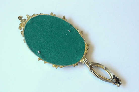 Elegante specchio a mano in ottone, specchio da trucco, vintage, Vetro, Dorato, 1970 (foto 7 di 7)