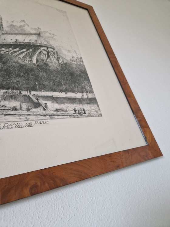 Louis Orr Etching "Notre Dame" in noble burl wood frame, Wall decoration, Plexiglass, Paper, Brown (photo 5 of 6)