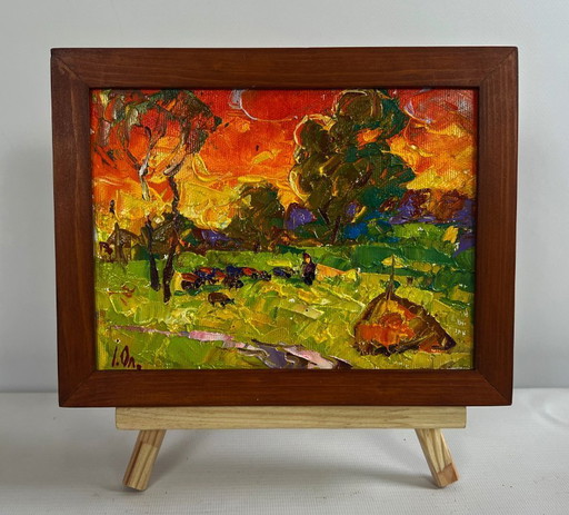 Original Oil Painting Evening Field Landscape The summer sky is burning