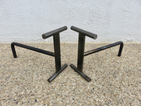 Image 1 of Pair of modernist, minimalist andirons in raw steel, France, 1960