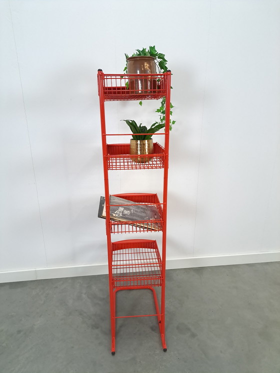 Image 1 of Red Metal Shop Display Case Shop Rack With Baskets Vintage