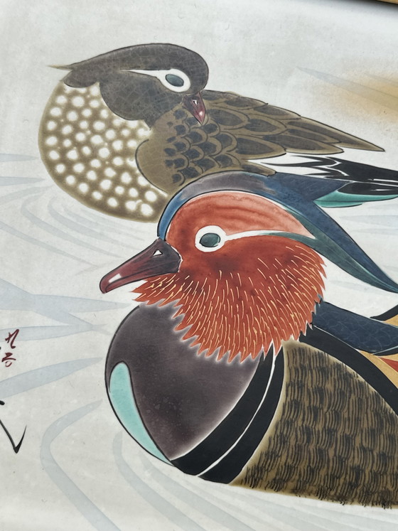 Vintage Japanese Silk Painting of Mandarin Ducks, Signed by the Artist Tsukishiro (月城) – Paintings & Drawings (photo 6 of 7)
