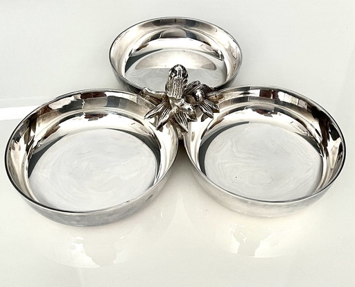 Aarti silver plated metal serving dish with 3 compartments.