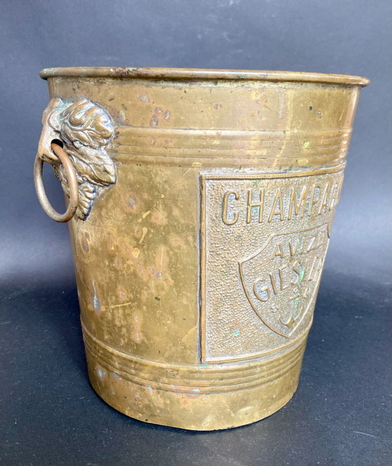 Image 1 of Antiker französischer Champagnerkühler „Champagne Avize Giesler“ – Messing-Eiskübel, Art-déco-Zeit