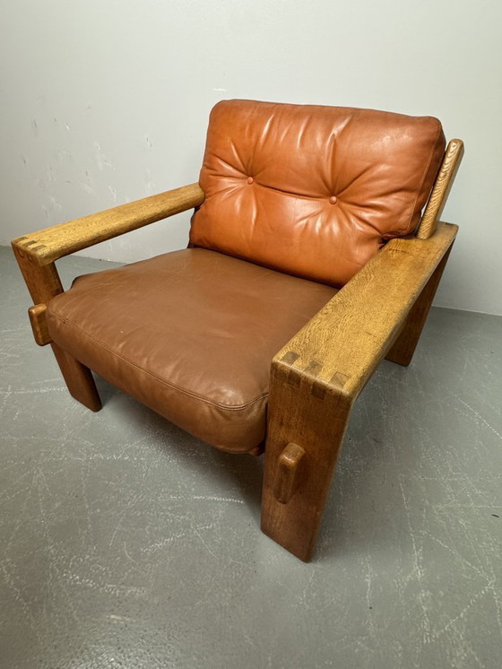 Image 1 of Mid-Century Brutalist Esko Pajamies Design 'Bonanza' Cognac Leather Lounge Chair on Solid Wooden Frame, Finland 1960s.