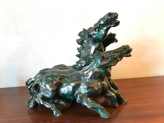 Image 1 of Sculpture by Umberto Ghersi with three ceramic horses