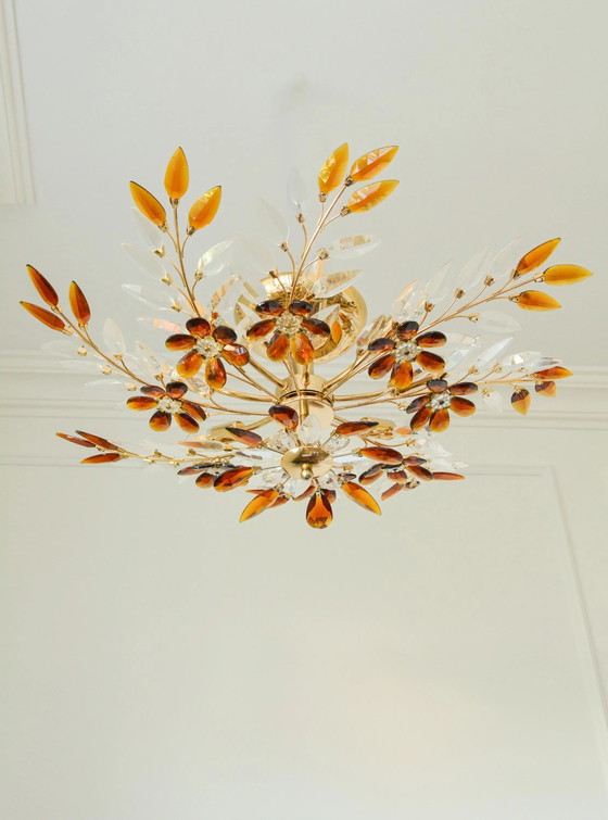 Large Amber Crystal Flower Chandelier, Maison Baguès Style, 8-Light, 1970s – Glass, Mid Century Modern (photo 2 of 10)