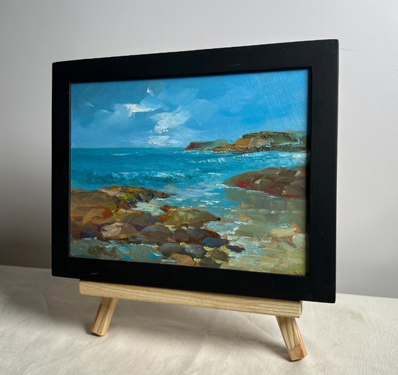 Image 1 of Peinture à l'huile originale représentant un paysage côtier marin à l'horizon.