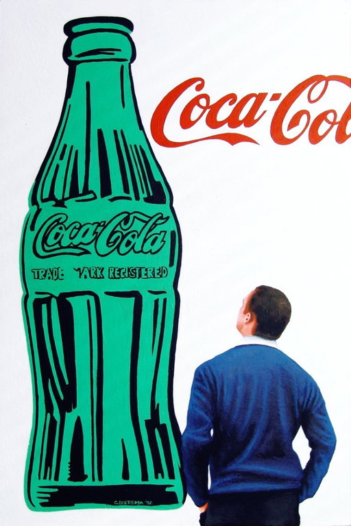Coca Cola Bottle - Painting of a man looking at a painting by Andy Warhol