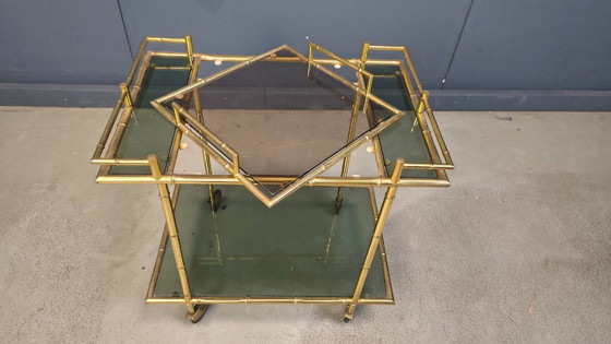 Image 1 of Chariot de service vintage en laiton imitation bambou, années 1960