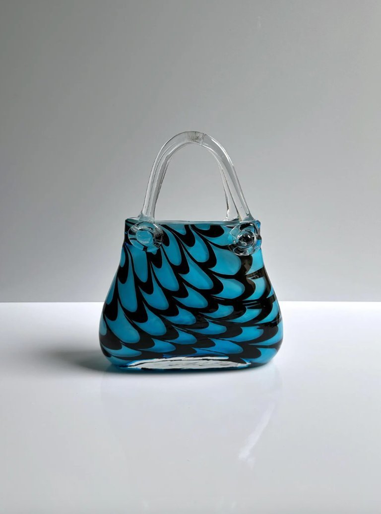 Vintage XXL Murano Glas Tasche Vase Swirl 80er 90er Venedig Italien Blau Türkis Schwarz Hand Münzbeutel Geldbörse Purse Opalina