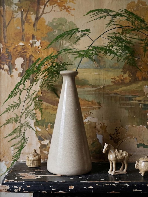 Conical Art Deco vase in beige crackled earthenware, circa 1930-1950