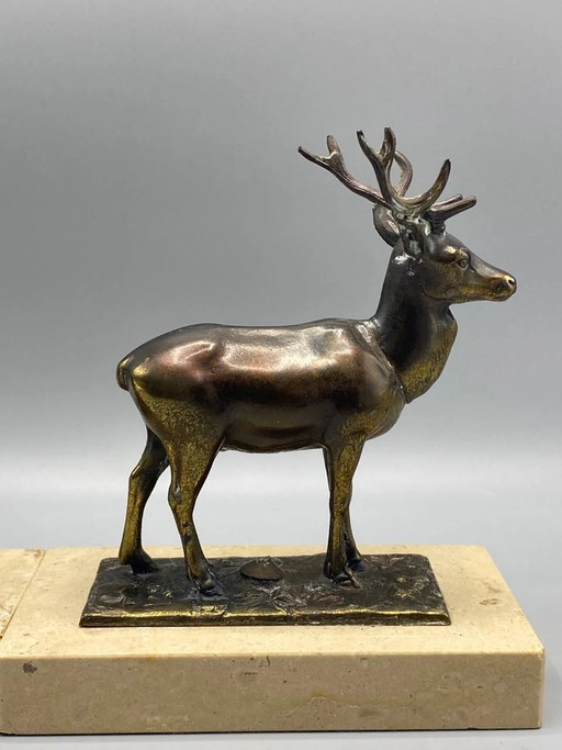 2 Bronzed Spelter Deer Bookends on Marble Base, Art Deco Animal – beeldhouwkunst (photo 2 of 8)