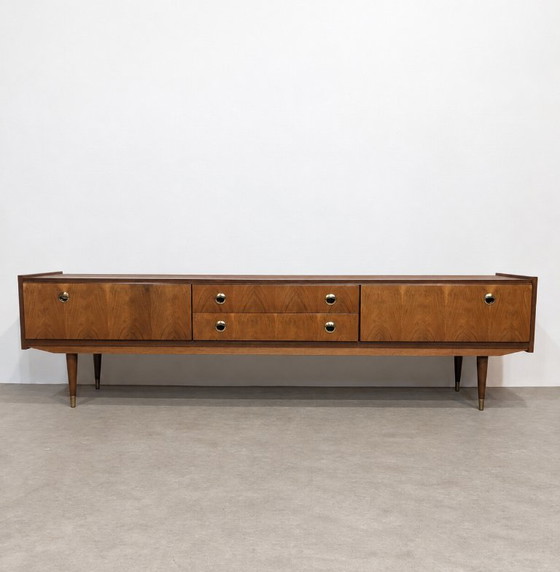 Credenza Lowboard Mid-Century Modern in radica di noce, anni '60-'70, Credenze, Legno, Metallo, Marrone (foto 11 di 11)