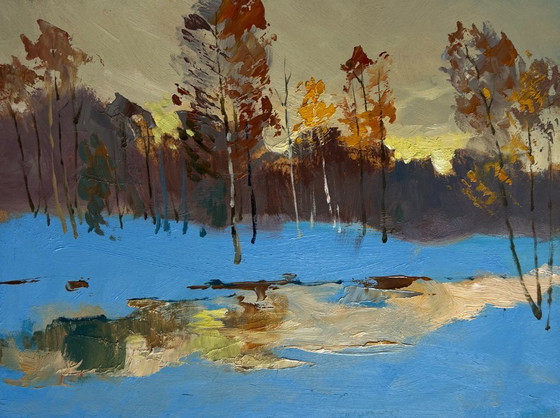 Image 1 of Original Oil Painting Evening Forest Landscape Reflection of a yellow sunset