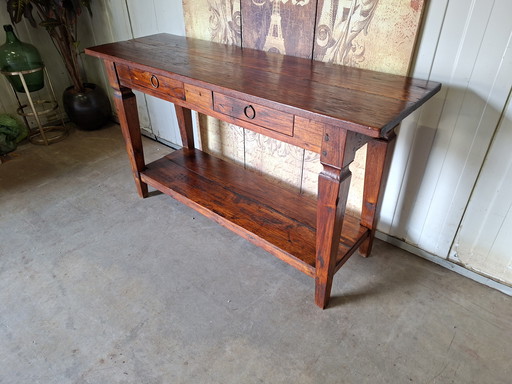 Teakhouten sidetable, wandtafel console  afm: 140x45cm en 77cm hoog.

