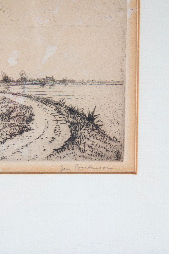 Image 1 of Jan Poortenaar – Dutch polder landscape with church – etching – signed