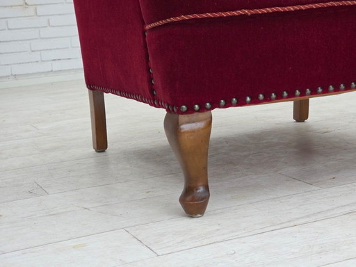 1960s, Danish highback wingback armchair, cherry-red furniture velour.