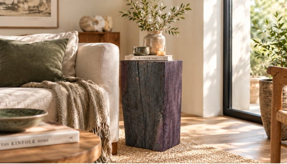 Wabi-Sabi Sculptural Oak Pedestal / Side Table, Solid Reclaimed Wood (35 cm), Brown, Rustic (photo 2 of 9)