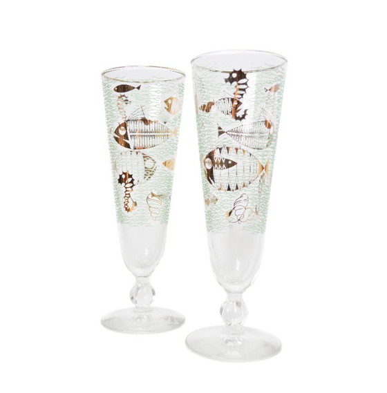 Image 1 of Pair of Libbey MARINE LIFE Pilsner Glasses / 1950's Vintage / Collectible, Gilded