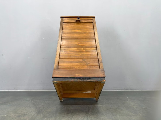 Image 1 of Art Deco Beech Tambour Office Cabinet, Czechoslovakia 1940s