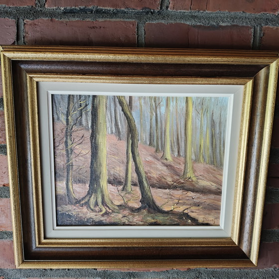 Image 1 of Beautiful and large Framed Belgian Forest Painting by Daniel Pierot (1896–1981) – Warm Vintage Atmosphere