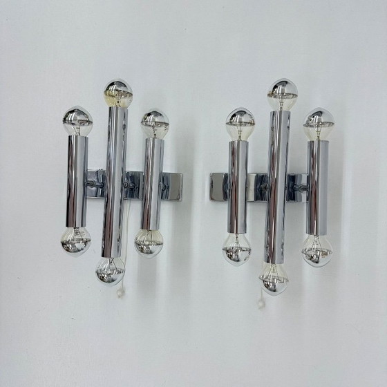 Image 1 of Paar Gaetano Sciolari Wandlampen Leuchter Chrom Rohr , 1970er Jahre