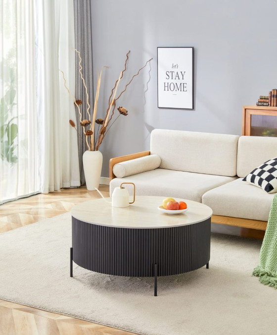 Image 1 of Mesa de centro RUBY - Base de metal negro y tablero de cerámica efecto travertino mate - Ø80/90 cm