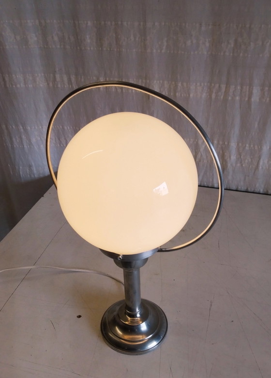 Image 1 of Table lamp in pewter and opaline glass globe - mid-20th century