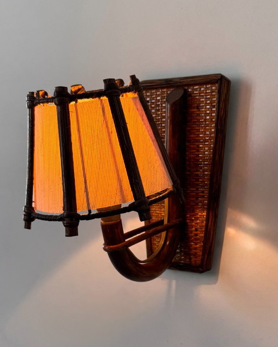Paar vintage Wandlampen van hout en beige kap, Frankrijk 1960 – Textile (photo 3 of 7)