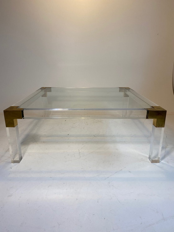 Hollywood Wood regency Couchtisch in Messing/ Lucite / Glas 70er, Couchtische, Plexiglas, Gold (Foto 3 von 7)