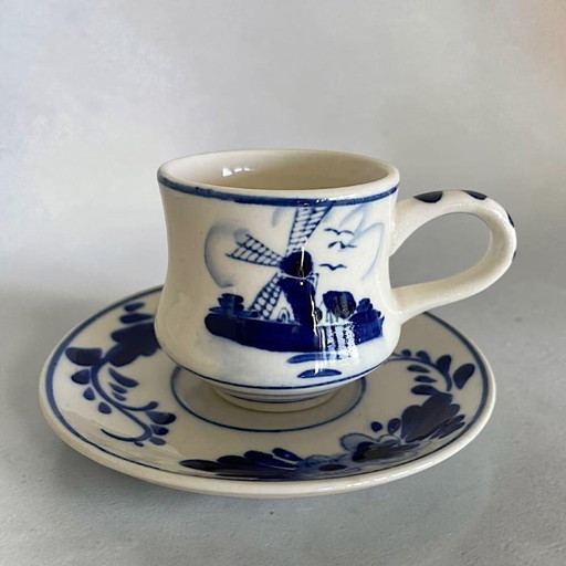 Handgeschilderd Delfts Blauw Molen Espresso Kop en Schotel