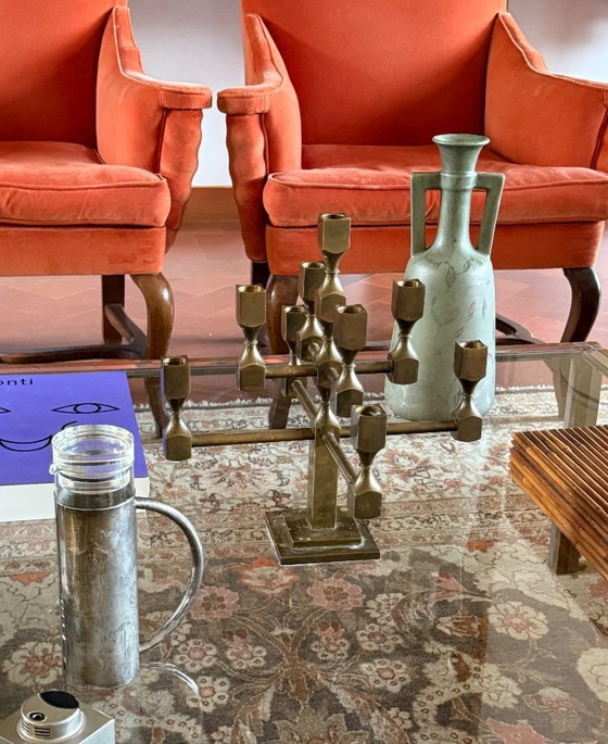 Image 1 of Candélabre sculptural moderne à 9 lumières en laiton massif, Lars Bergsten, Gusum Suède 1992