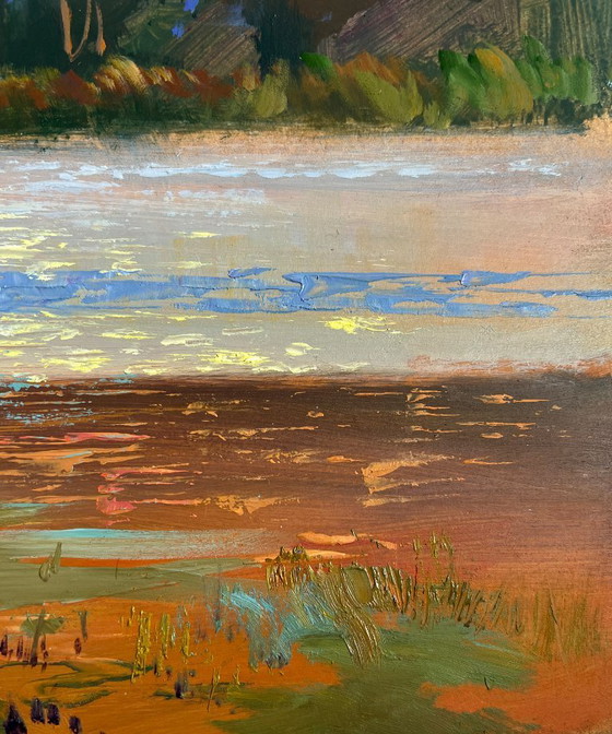 Image 1 of Pintura al óleo original: Paisaje de Sunset River, atardecer carmesí fascinante.