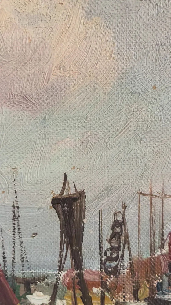 Image 1 of Pintura al óleo original de época que representa un puerto escandinavo.