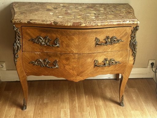 Louis XV Style Marquetry and Bronze Curved Chest of Drawers – 19th Century – ladekasten, Wood, Marble